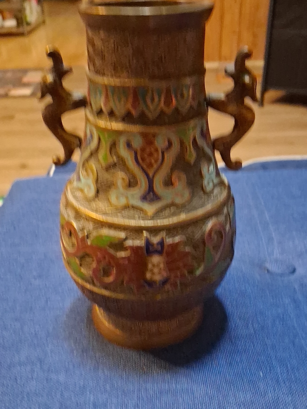 Japanese Multicolor Cloisonné-Style Decorative Vase with Gold Accents